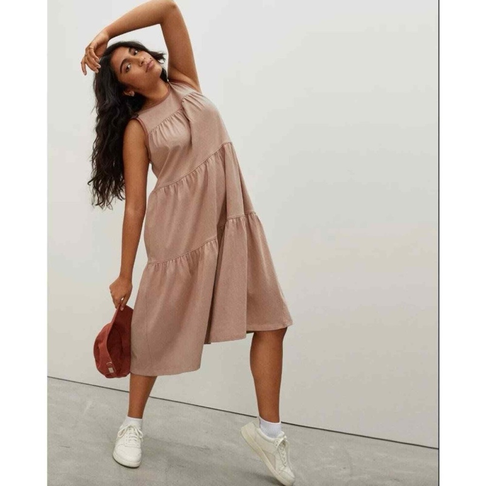 Everlane women’s the weekend tiered Sleeveless Tan Midi Dress oak pink xs